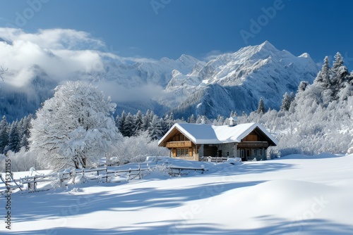 An idyllic mountain retreat covered in snow with a cozy cabin. Cozy house in a winter forest. AI generative © tiena