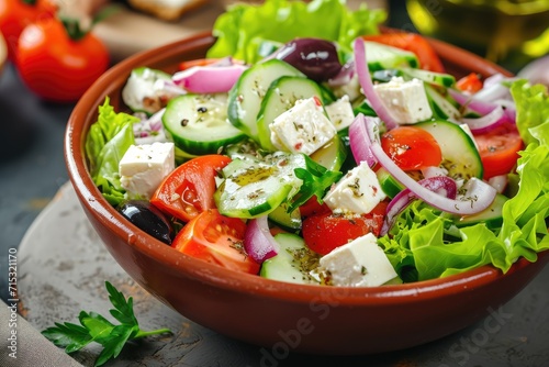 Greek salad with feta cheese and olive oil. Greek healthy food