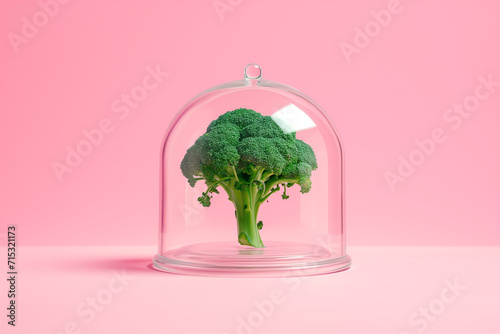 Creative concept of broccoli under transparent glass dome on bright pink background. Minimal vegetable concept. photo