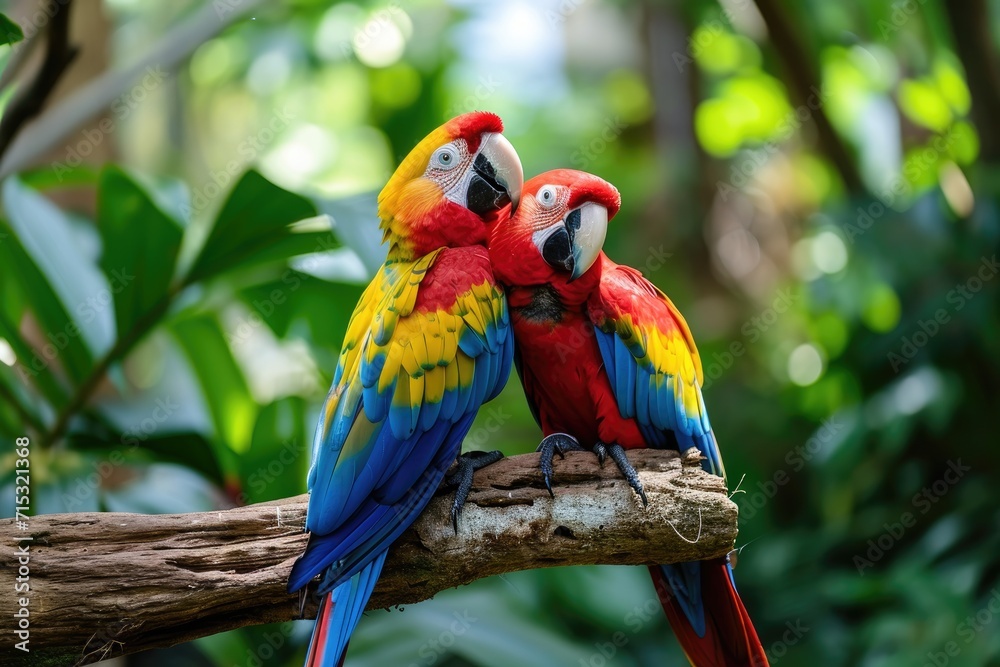 Tropical birds sitting on a tree branch in the rainforest. Colorful scarlet macaw parrots.