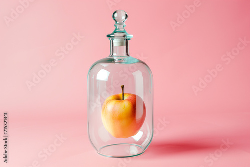 Creative fruit concept of delicious apple inside a glass bottle. Copy space. Minimal food concept.