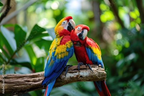 Tropical birds sitting on a tree branch in the rainforest. Colorful scarlet macaw parrots.