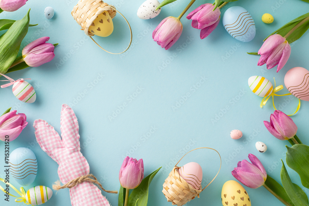 Bunny bliss: Top view of lively eggs, sweet bunny, and tulips nestled in tiny baskets on a serene pastel blue background. Perfect for conveying Easter joy or promoting springtime offers Bunny bliss: Top view of lively eggs, sweet bunny, and tulips nestled in tiny baskets on a serene pastel blue background. Perfect for conveying Easter joy or promoting springtime offers