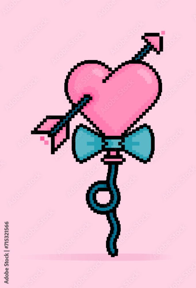 Φωτογραφία 8 bit pixel illustration of Pink heart or love balloons pierced by Cupid arrow for lasting love