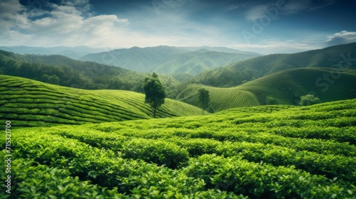 Vibrant green tea leaves in lush plantations – organic tea harvest scene