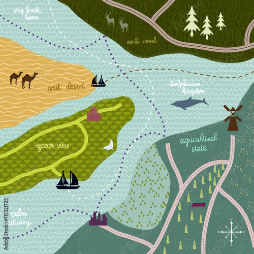 A map of a fictional world consisting islands and oceans with background