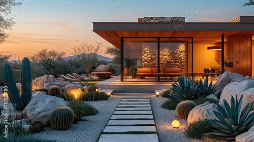 A house at desert landscaping at night time, Outdoor seating. Generative AI.
