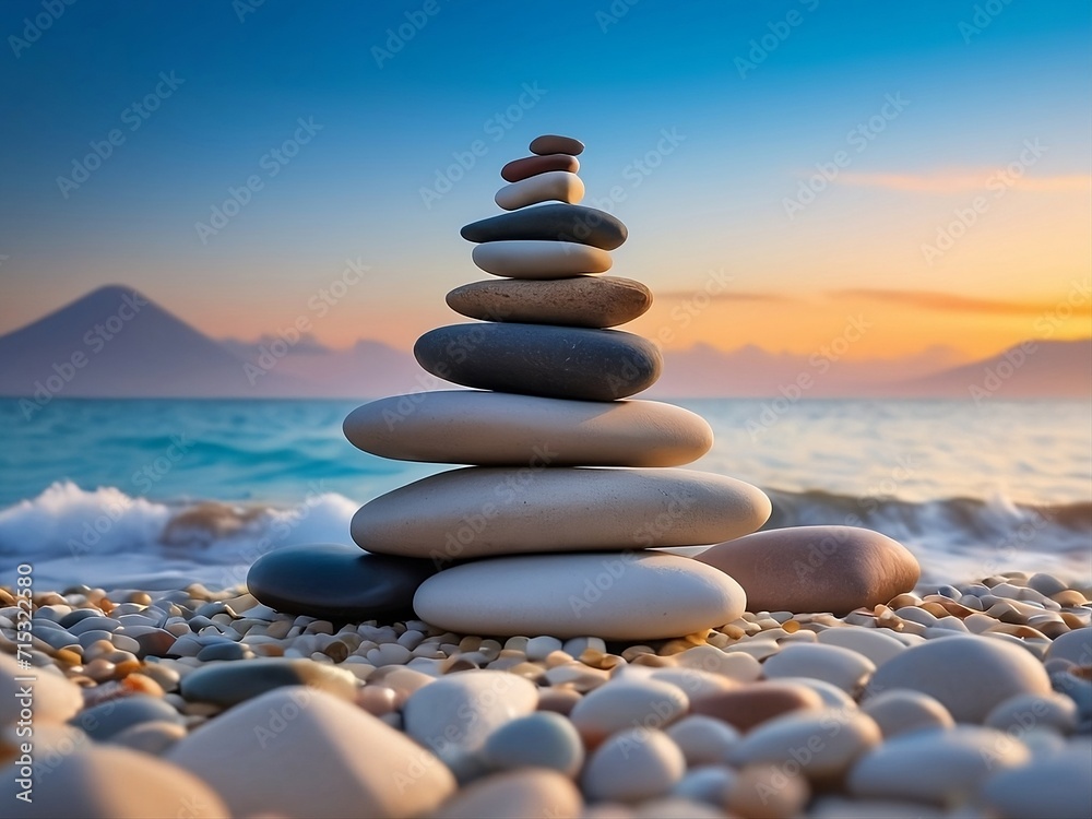 A serene beach scene with a perfectly balanced pyramid of pebbles, casting a striking silhouette against the vibrant ocean backdrop.