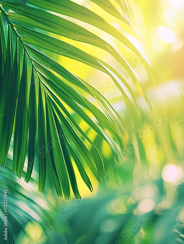 blurred palm leaf background with close-up of a palm frond arch in sunlight  tropical vegetation background - generative ai