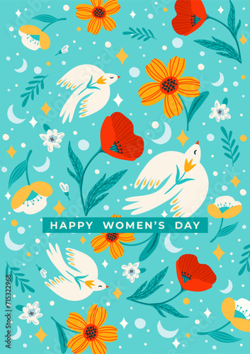 Illustration with flowers and birds. Vector design concept for International Women s Day and other