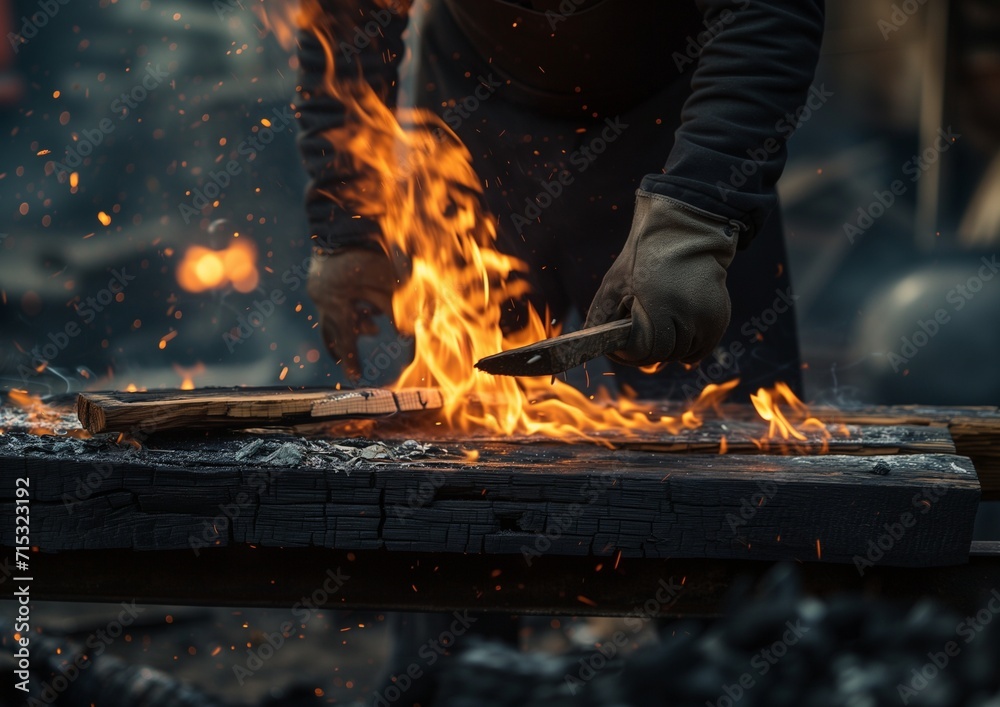 Carpenter using the Shou Sugi Ban technique at work, making burning charred wood, finishing wood, carpentry