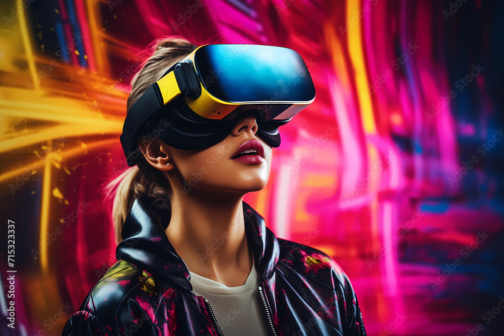 Future digital technology metaverse game and entertainment. Cheerful young woman having fun play VR virtual reality goggle, sport game 3D cyber space futuristic neon colorful background.
