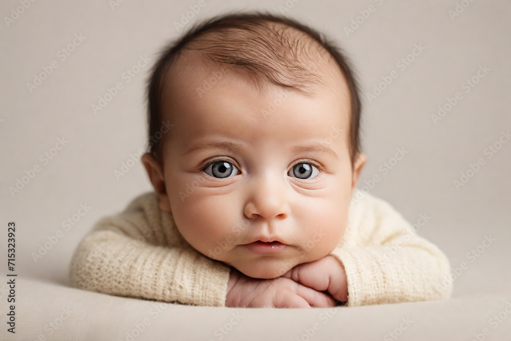 Portrait of an adorable newborn baby looking at the camera on a light background, close-up