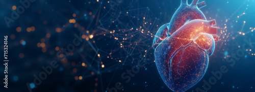 Abstract Panorama of a Glowing Human Heart Interconnected with Digital Nodes, Illustrating Cardiology on a Deep Blue Background photo