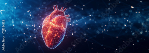 Abstract Panorama of a Glowing Human Heart Interconnected with Digital Nodes, Illustrating Cardiology on a Deep Blue Background