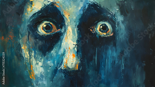 Dark and Eerie Blue Painting with Scary Face