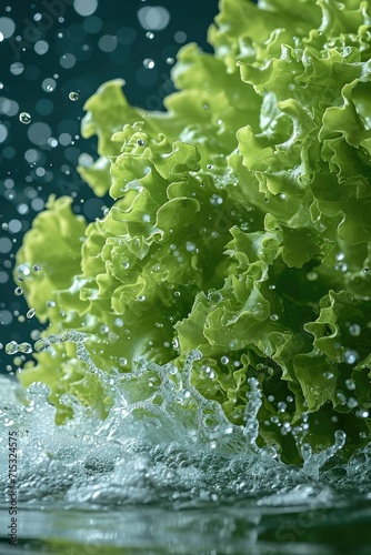 Vegetable poster, leafy greens, splash of water, solid color background, light color. Generative AI.