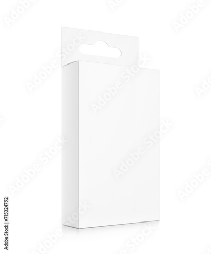 White package box with hang slot mockup for electronic and mobile accessories. Half side view. Vector illustration isolated on white background. Ready and simple to use for your design. EPS10.