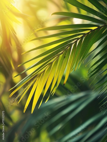 blurred palm leaf background with close-up of a palm frond arch in sunlight  tropical vegetation background - generative ai