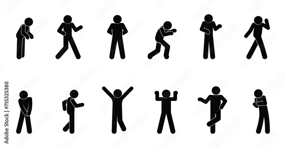 man icon, gestures and poses of people, human silhouettes waving their hands