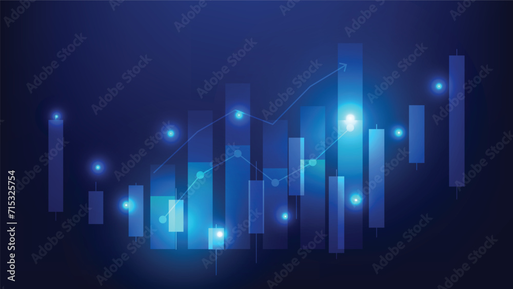 economic growth and financial business earning concept. candlesticks and bar chart on blue background