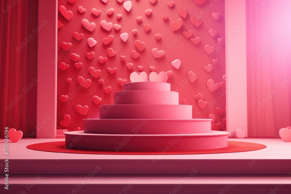 3D Valentine's day abstract background with red hearts and podium showcase for product presentation. Geometric shape for product display presentation, promotion display. 3D Valentine's day abstract background with red hearts and podium showcase for product presentation. Geometric shape for product display presentation, promotion display.