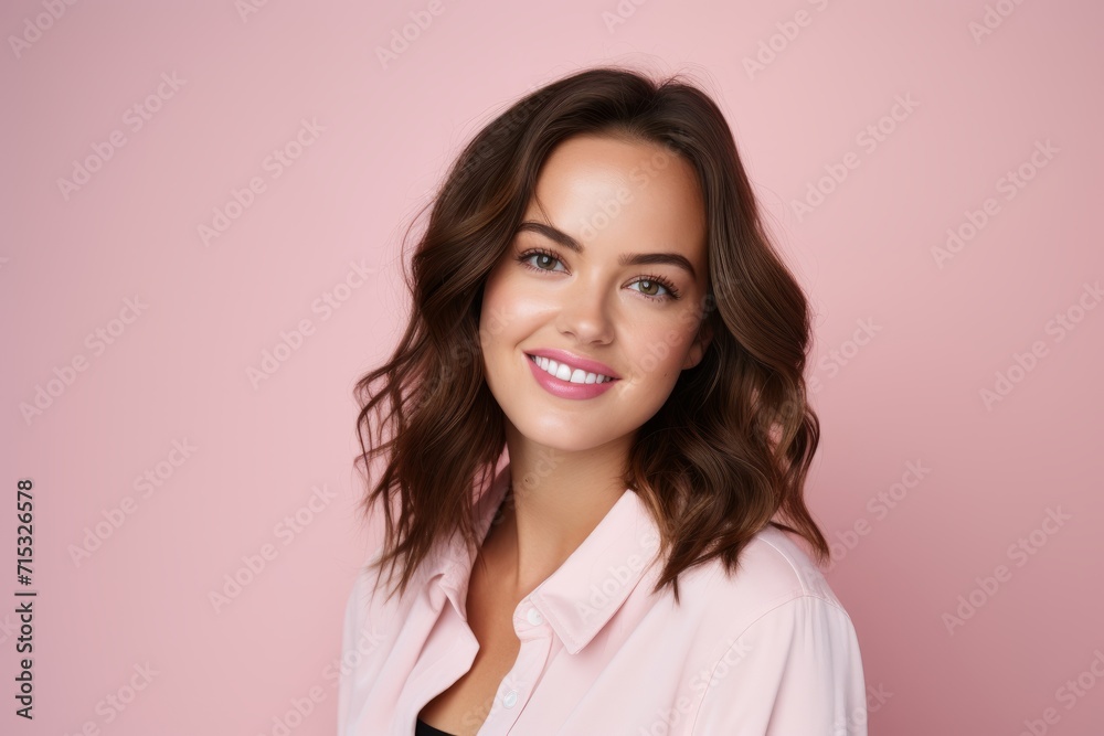 Portrait of beautiful young woman in pink blouse on pink background