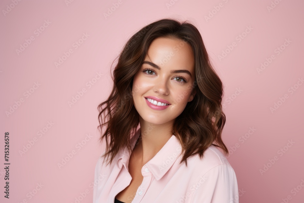 Portrait of beautiful young woman in pink blouse on pink background Portrait of beautiful young woman in pink blouse on pink background
