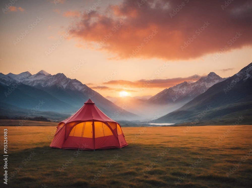 tent in the mountains at sunset