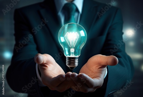 A businessman holds a radiant light bulb, embodying innovation and inspiration.