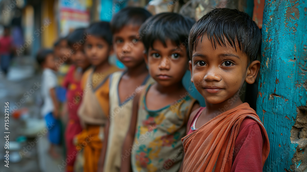 a group of children standing in line in an outdoor setting, a street or alleyway, generative ai a group of children standing in line in an outdoor setting, a street or alleyway, generative ai
