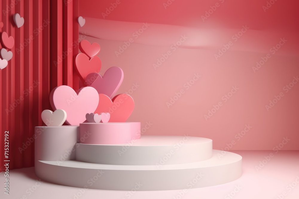 3D Valentine's day abstract background with red hearts and podium showcase for product presentation. Geometric shape for product display presentation, promotion display. 3D Valentine's day abstract background with red hearts and podium showcase for product presentation. Geometric shape for product display presentation, promotion display.