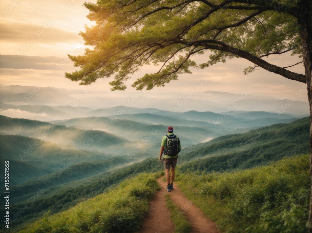 A man with a backpack is walking along a path in a mountainous area