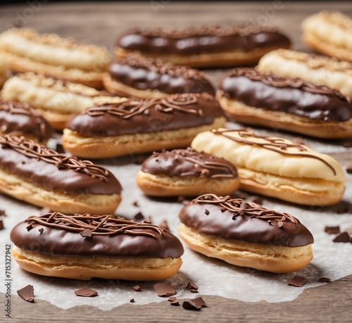 Delicious donuts with chocolate glaze on wooden table, closeup