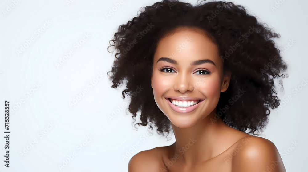 Beautiful curly hair African American woman with flawless and healthy skin.. Female skin care. Hydration beauty flawless skin. Close up face beauty portrait. Skincare ads and promotion banner Beautiful curly hair African American woman with flawless and healthy skin.. Female skin care. Hydration beauty flawless skin. Close up face beauty portrait. Skincare ads and promotion banner