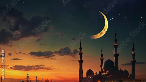 The crescent moon gracefully hangs over an illuminated mosque, casting a serene glow, Ai Generated.