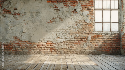 A grunge brick wall with crumbling plaster sets the scene in an empty loft interior mockup, offering a studio or office blank space, Ai Generated.