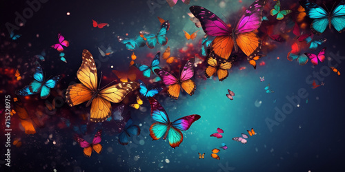 Butterfly flying over vibrant natures colorful patterns, Winged Symphony: Butterfly Soaring Amid Vibrant Natural Patterns © Tepo