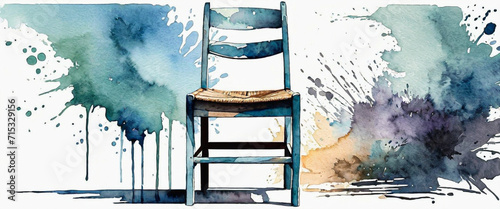 A chair drawn on a white background. Traces of paint spreading and splashing. Illustration in watercolor style. photo