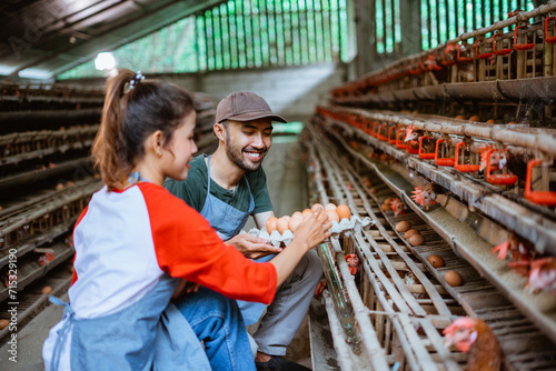 entrepreneur couple take eggs from a cage while holding egg carton tray at chicken farm