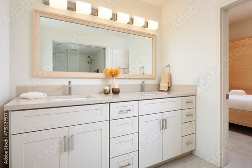 white wood vanity in a bathroom © primopiano