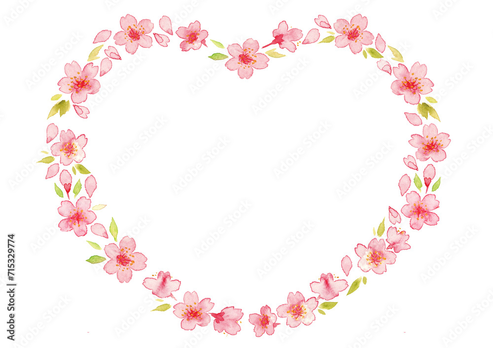 ハート型の桜の花の水彩イラスト３