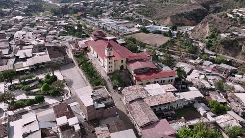 Aerial view of the church in a small town in the Andes. photo