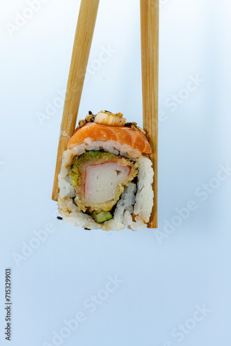 Fresh delicious sushi with rice and salmon