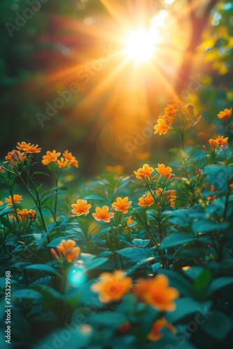 A meadow of flowers on the background of the sun