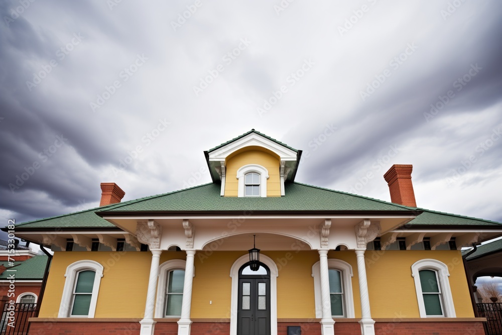 italianate roofline with deep eaves against a stormy sky