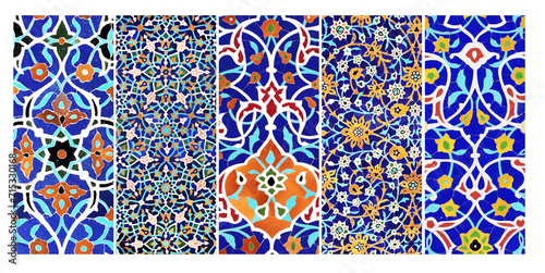 Photography Set of vertical or horizontal banners with detail of ancient mosaic walls with floral and geometric ornaments