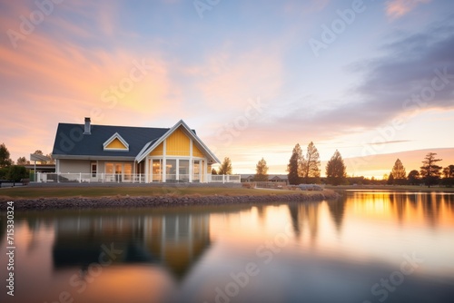 Photo sunset casting golden glow on a serene lakeside home