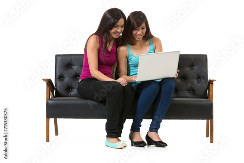 Tow Chinese female friends using a laptop PC.