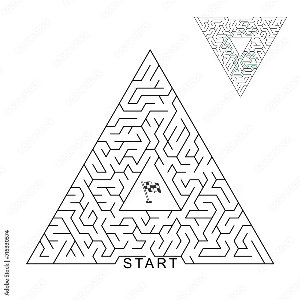 Triangle maze game with solution.  Triangular black labyrinth on white background . Vector image.